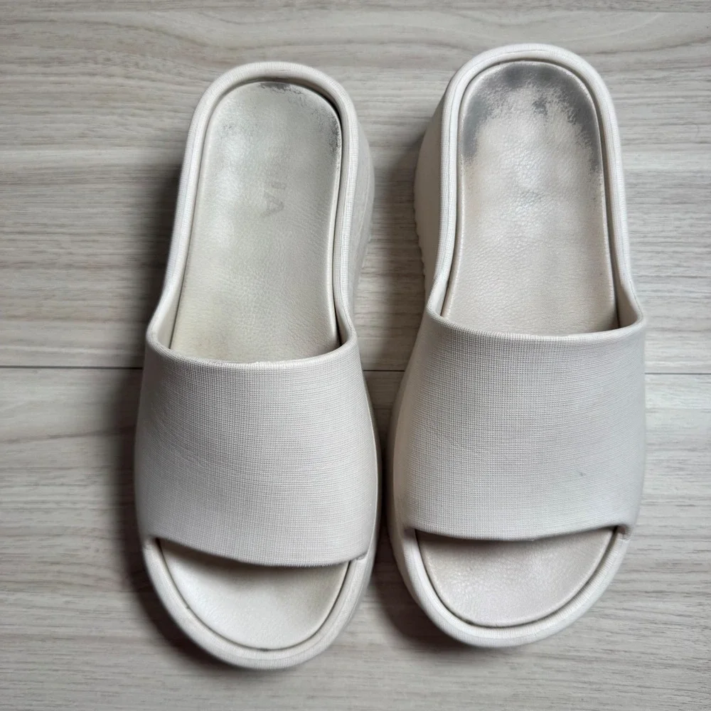 MIA Platform Slide Sandals Womens 7 Cream Chunky Wedge Open Toe Slip On Vacation